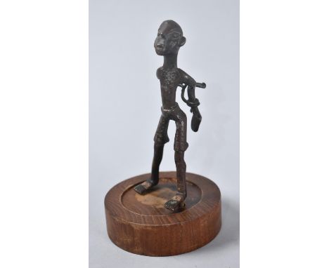 A Vintage African Benin Bronze Figure Depicting Slave with Hands Tied Behind Back, Circular Wooden Plinth, 13cms High 