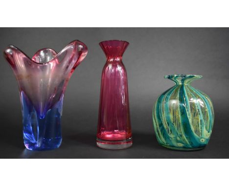 A Mdina Glass Vase, 14cm high Together with a 'Sommerso' Art Glass Vase and a Cranberry Glass Example, 20cm high 