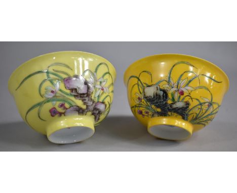 Two Chinese Porcelain Tea Bowls, Both Decorated with Flowers and Birds on Yellow Ground, One with Seal Mark to base and the O