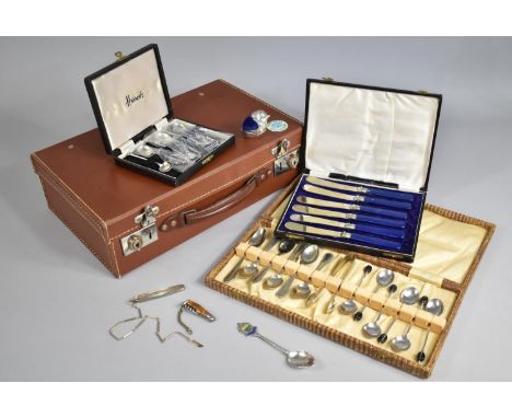 A Vintage Leather Case Containing Various Cutlery to Include Cased Set of Harrods Coffee Spoons, A Single Silver Tea Spoon, a