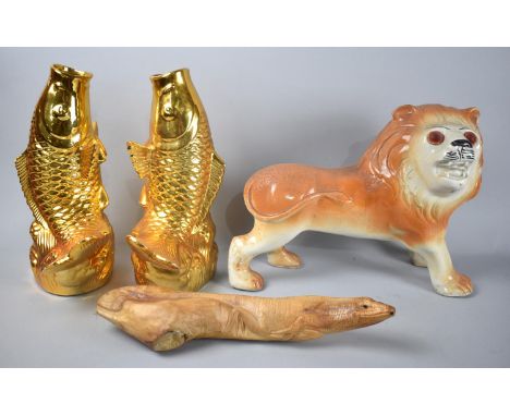 A Large Glazed Ceramic Study of a Lion Together with Two Lustre Fish Vases and a Carved Study of a Lizard 