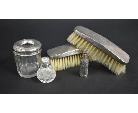 A Collection of Various Silver Mounted Dressing Table Items to Comprise Brushes, Glass Pot, Cut Glass Scent Bottle (Complete 