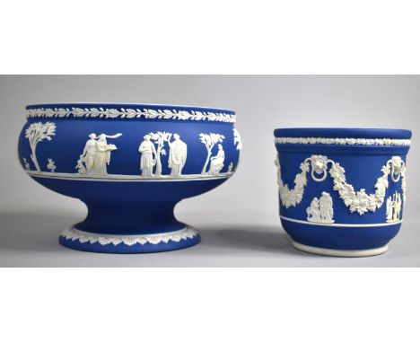 A Wedgwood Jasperware Pedestal Bowl, 13cms High and 20cms Diameter together with a Wedgwood Jasperware Small Planter, 11.5cms