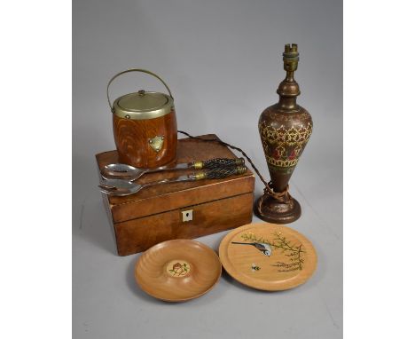 A Collection of Various Items to comprise Indian Niello Lamp Base, Salad Servers, Work Box Etc 