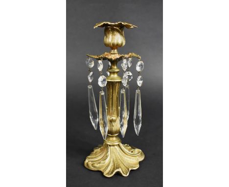 An Edwardian Bronze Weighted Candlestick with Crystal Droppers, 23cms High 