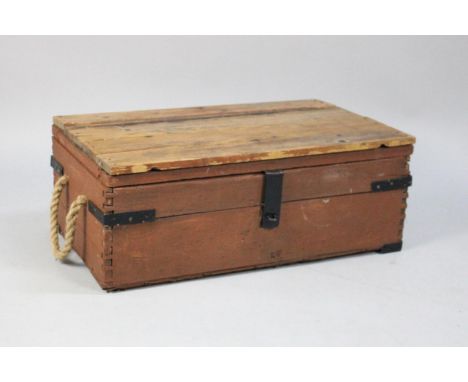 A Wooden and Iron Banded trunk with Four plank Hinged Lid having Two Rope Carrying Handles, 70cms Wide 