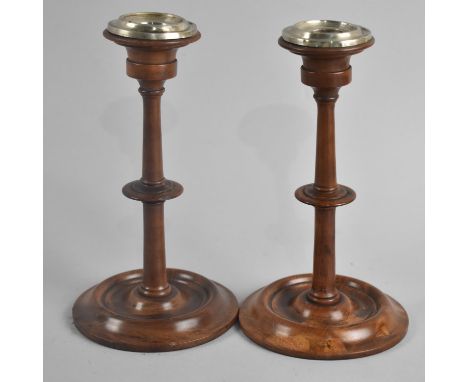 A Pair of Italian Turned Olive Wood Candlesticks with Silver Plated Tops, Sender Form, 17cm High 