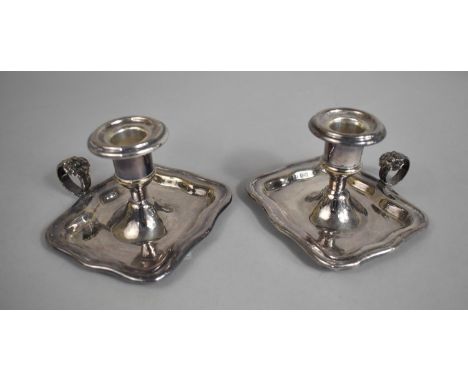 A Pair of Polish Silver Plated Bedchamber Sticks with Rectangular Trays, Makers Stamp to Base, 11.5cms Wide 