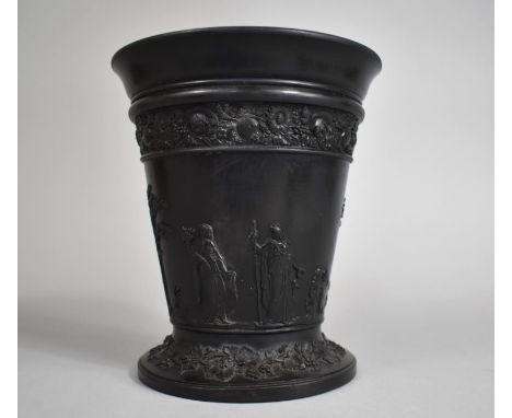 A Wedgwood Basalt Planter/Vase of Tapering Form Decorated with Moulded Classical Scene, 17cms High 