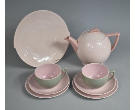 An Art Deco Wedgwood &amp; Co 'Blush Rose' Teapot and Plate together with Two Branksome Trios 