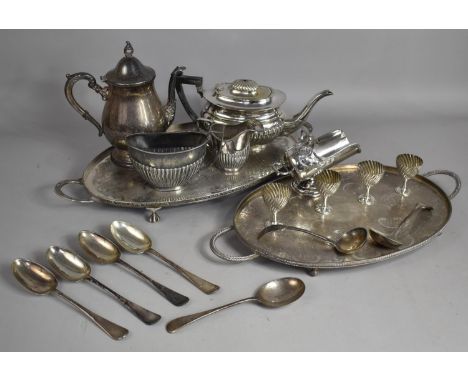 A Collection of Various Silver Plated Items to Comprise Galleried Twin Handled Trays on Claw Supports, Teapots, Egg Cups Etc 