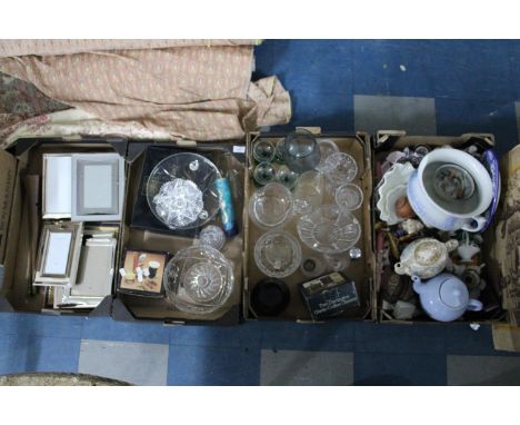 Four Boxes of Various Ceramics, Glass and Metalwares, Teapots, Silver Plated Photo Frames Etc 