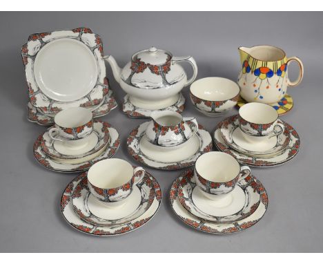 An Art Deco Crown Ducal Orange Tree Pattern Tea Set to comprise Four Cups and Saucers, Seven Side Plates, Two Cake Plates, Mi