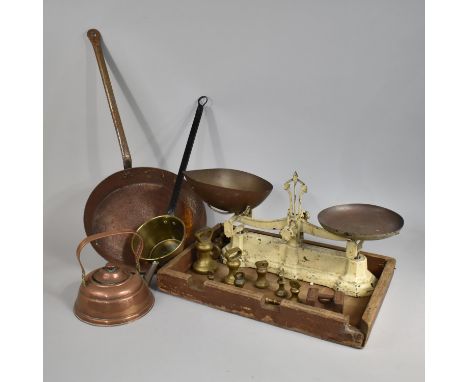 A Collection of Various Metawares to include Large Skillet, Kitchen Scales and Weights, Brass Saucepan and a Copper Kettle 