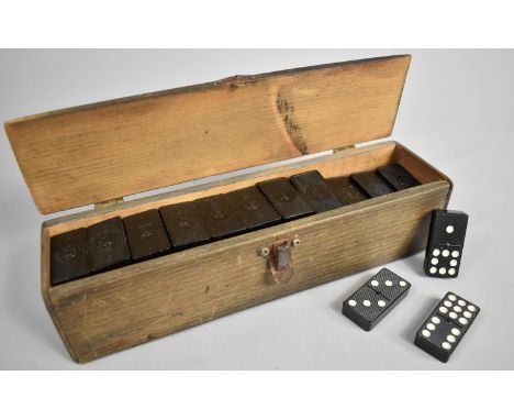 A Vintage Wooden Box Containing Set of Nine Spot Dominoes 