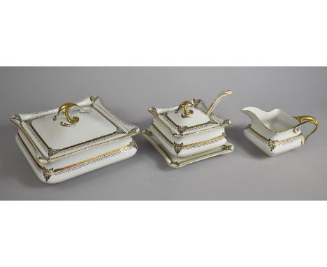 A Soho Pottery Solian Ware Three Piece Service to comprise Small Tureen with Under Tray, Lid and Ladle, Large Tureen with Lid