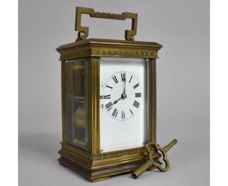 An Early 20th Century Brass Cased Carriage Clock with White Enamelled Dial with Key but Movement Needs Attention and Nick to 