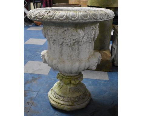 A Reconstituted Stone Garden Planter of Urn Form, Moulded Bacchus Bust with Vine and Grape Design, Requires Re Fixing to Base