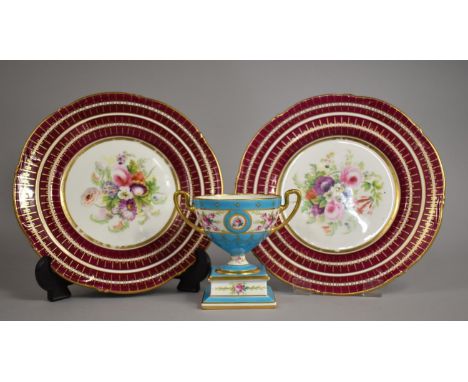 Two 19th Century Hand Painted Plates with Central Floral Garland Design with Burgundy and Gilt Trim together with a Mintons P