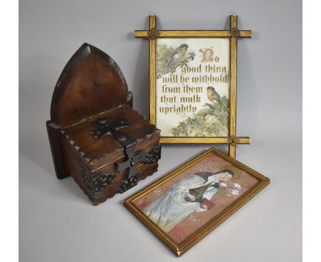 A Mid 20th Century Wall Hanging Oak Offertory Box with Metal Mounts together with Religious Watercolour and Print 