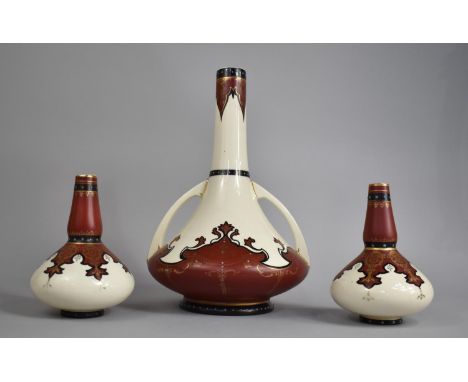 A Early 20th Century Secessionist Vase Garniture, Possibly Burmantofts, All Decorated with Burgundy Scroll Inset on White Gro