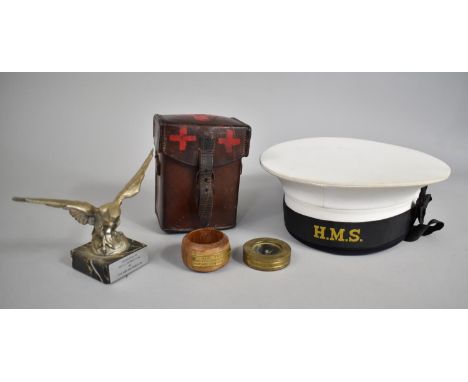 A Collection of Various Military and Naval Sundries to comprise HMS Sailors Hat, a Wooden Napkin Rings with Plaque Inscribed 
