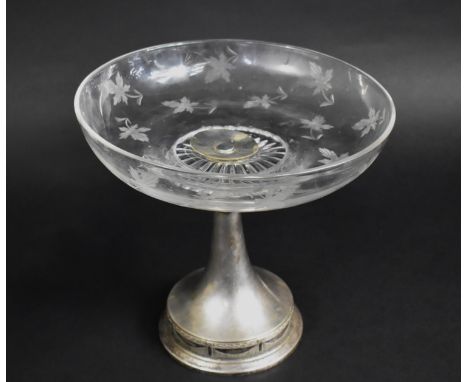 An Edwardian WMF Silver plated and Etched Glass Table Centre Tazza with Maple Leaf Decoration, 23cms Diameter and 22cms High 