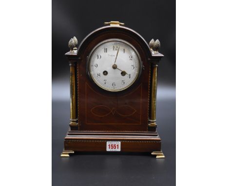 A circa 1900 mahogany and inlaid mantel clock,&nbsp;height including handle 32cm, with pendulum.&nbsp; 