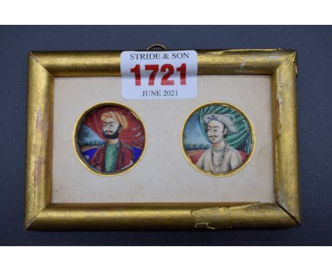 Indian School, a pair of portrait miniatures, on ivory, 2.8cm diameter, framed as one.&nbsp; 