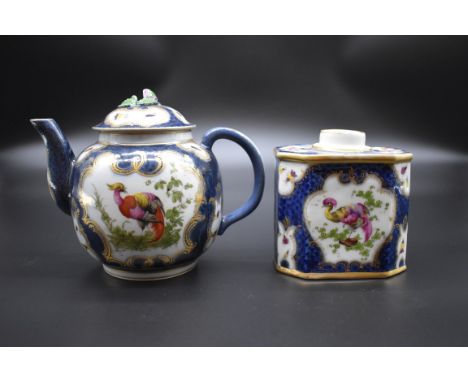 A scale blue 'Fancy Bird' pattern teapot and cover,&nbsp;blue fretted square mark,&nbsp;14.5cm high; together with another&nb