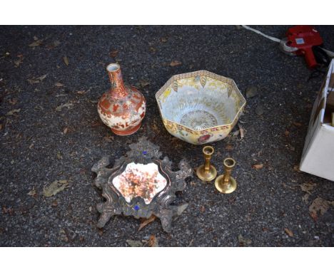 An old Satsuma bottle vase; together with a Spode bowl, pair of brass candlesticks and a mirror.&nbsp;Collection of this lot 