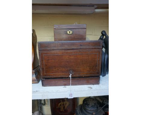 An unusually small 18th century mahogany tea caddy,&nbsp;18cm wide;&nbsp;together with a 19th century rosewood and pewter str