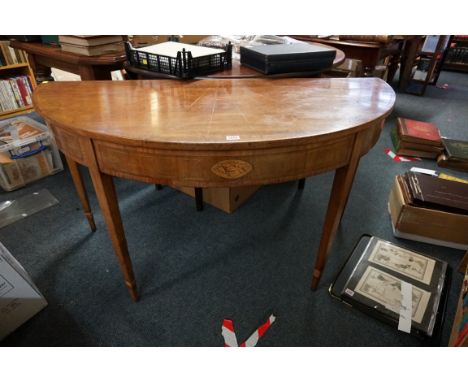 A late 18th century mahogany and inlaid demi lune console table, 136.5cm wide.&nbsp; 