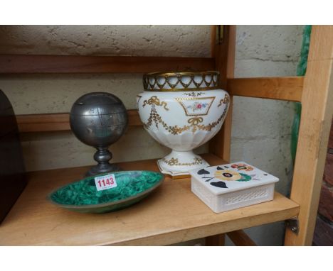 A mixed lot, comprising: a Chinese pewter novelty globe caddy, 16cm high; a George Jones vase, 19cm high; a malachite dish, 1