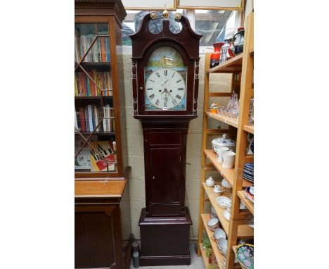 An antique stained pine 8 day longcase clock,&nbsp;the 12 1/2in repainted arched dial inscribed 'R Barker, Fishbourne', heigh