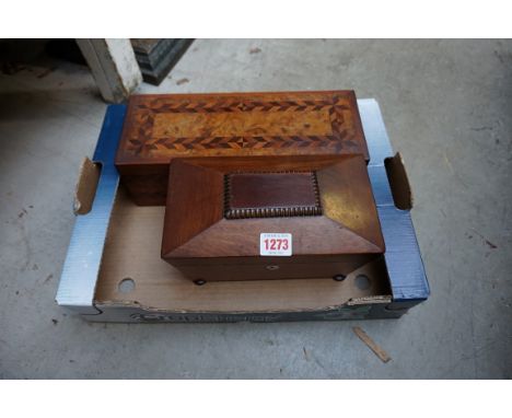 A 19th century mahogany sarcophagus tea caddy,&nbsp;22.5cm wide; together with another antique parquetry glove type box, 31cm
