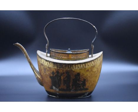 A Regency toleware teapot or kettle,&nbsp;possibly Pontypool, 27.5cm high. 
