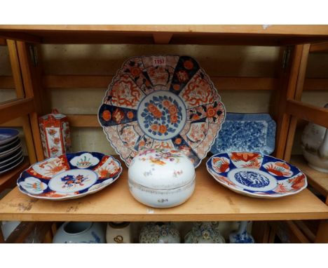 A Japanese Imari hexagonal plate, 31cm diameter; together with others. (6) 