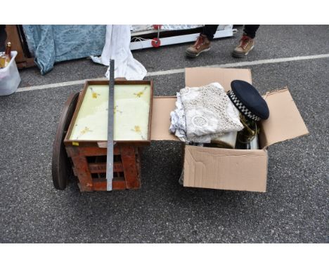 A box of sundry ceramics; together with an oak mantel clock and an old drinks crate.&nbsp;Collection of this lot is strictly 
