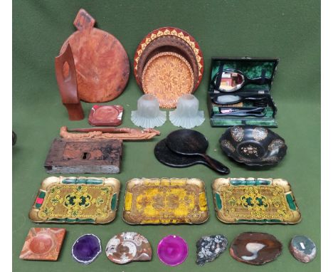 Sundry lot Inc. dressing table items, light shades, papier mache dish, farmhouse chopping board, semi precious stone cuttings