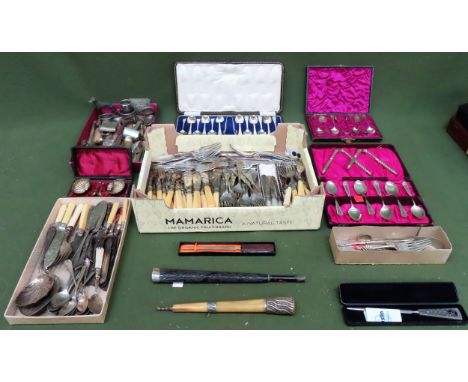 Large quantity of boxed and unboxed silver plated flatware, two old mounted stick handles etc

all used and unchecked 