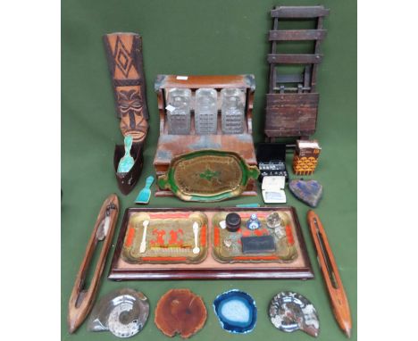 Sundry lot Inc. tantalus, folding small chair, wall mask, semi precious stone cuttings, trays, etc

used and unchecked 