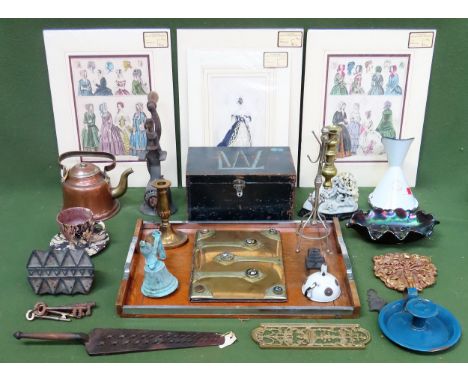 Sundries Inc. Art Deco tray, storage box, brass blotter, fashion prints, material stamps, etc

all used and unchecked 
