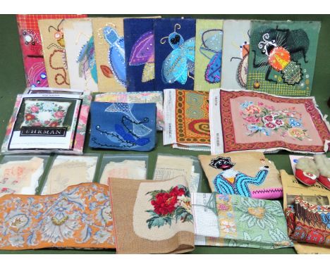 Sundry lot Inc. tapestry kits, vintage childrens shoes, etc

some in used condition. unchecked 