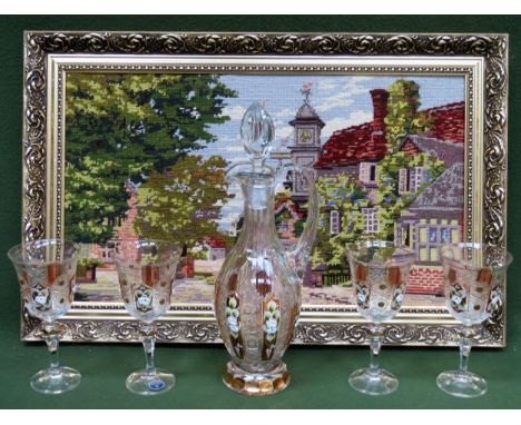 Bohemian crystal decanter set with relief floral decoration, plus embroidered tapestry within gilded frame

reasonable used c