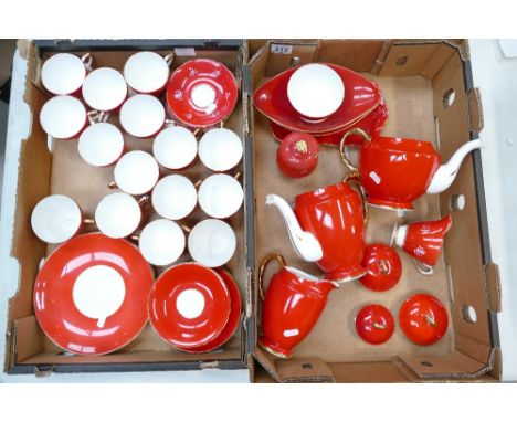 A mixed collection of Sutherland teaware in the deep red floral design to include cups, saucers, side plates, coffee pot, tea