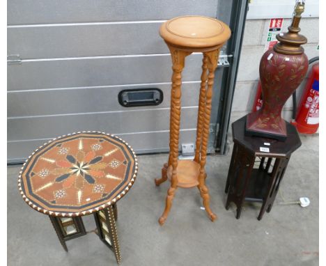 A collection of small reproduction furniture items to include pine barley twist plant stand, small octagonal occasional table