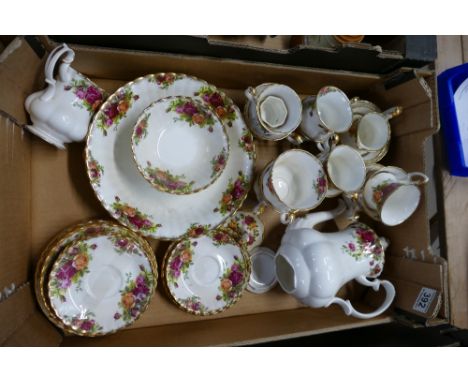 A collection of Royal Albert Old Country Rose item to include cups, saucers, milk, cream, side plates etc (teapot damaged)