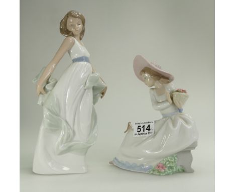 Nao lady figures of girl with scarf and child seated with small bird (2) (height of tallest 28cm)