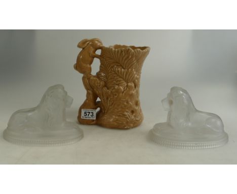 A 19th century John Derbyshire pair of glass lions, kite mark and anchor together with Sylvac 1318 squirrel handled jug(3)